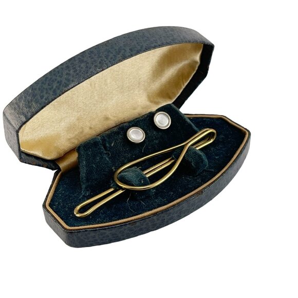 Tie Clip 10K Gold Filled and Mother of Pearl Tuxedo Buttons in Leather Box - Picture 4 of 11